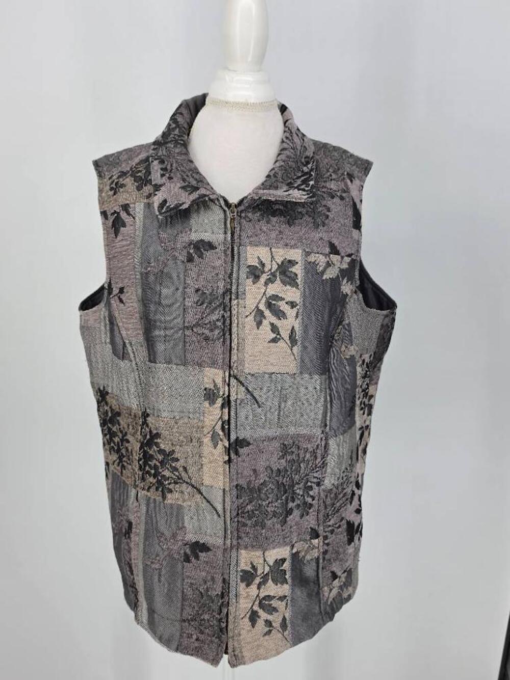 Vintage Coldwater Creek Womens 1X Tapestry Vest Gray Floral Patchwork Boho 90s